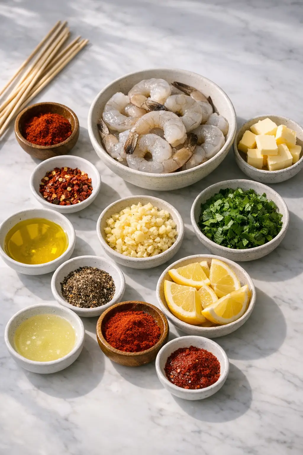 Ingredients for grilled shrimp skewers with garlic butter: raw peeled shrimp, garlic, butter, lemons, olive oil, and parsley arranged on a countertop