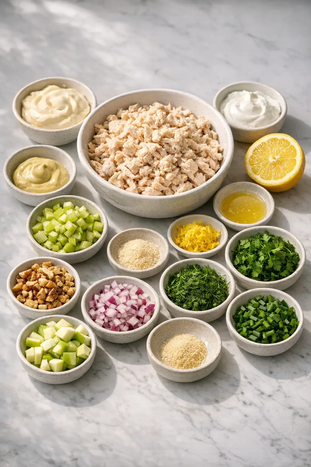 Measured ingredients for herby chicken salad laid out: cooked chicken, herbs, celery, yogurt and mayonnaise