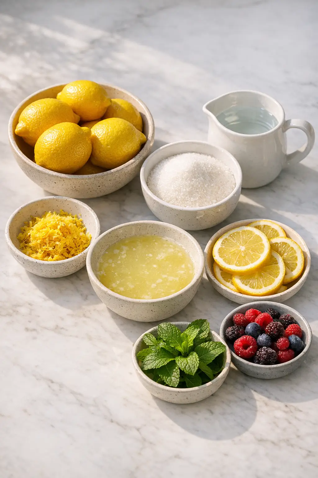 Ingredients for homemade lemonade concentrate: fresh lemons, granulated sugar, water and lemon zest on a kitchen counter