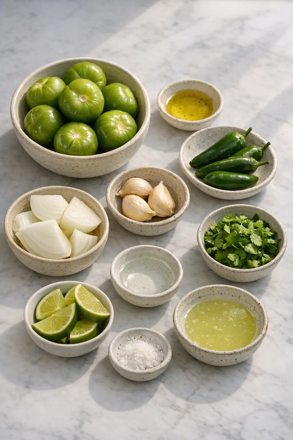 Husked tomatillos, jalapeños, garlic and onion arranged on a sheet pan ready for roasting for homemade salsa verde