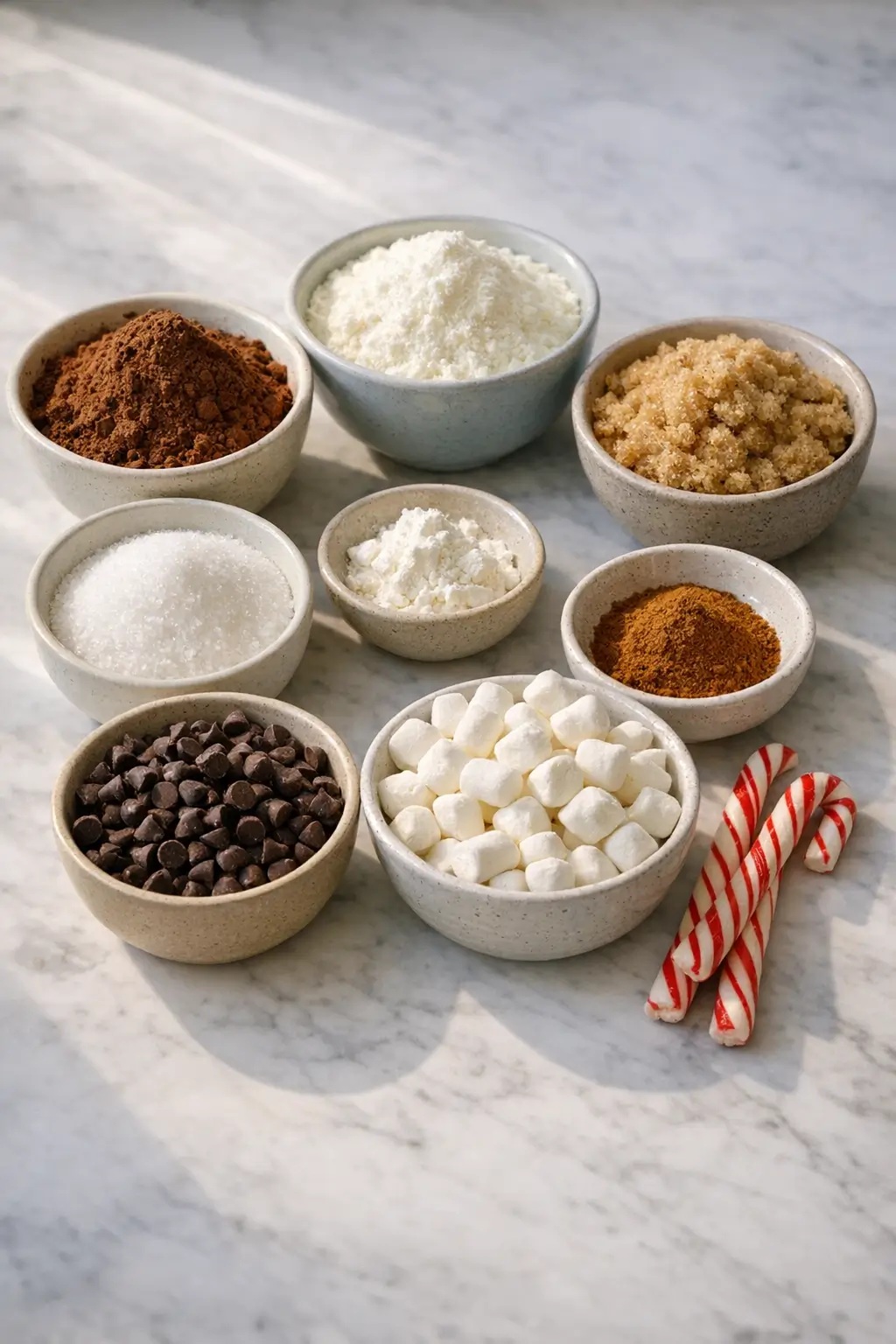 Jars and bowl with layered dry hot chocolate mix, mini chocolate chips and marshmallows ready for gifting