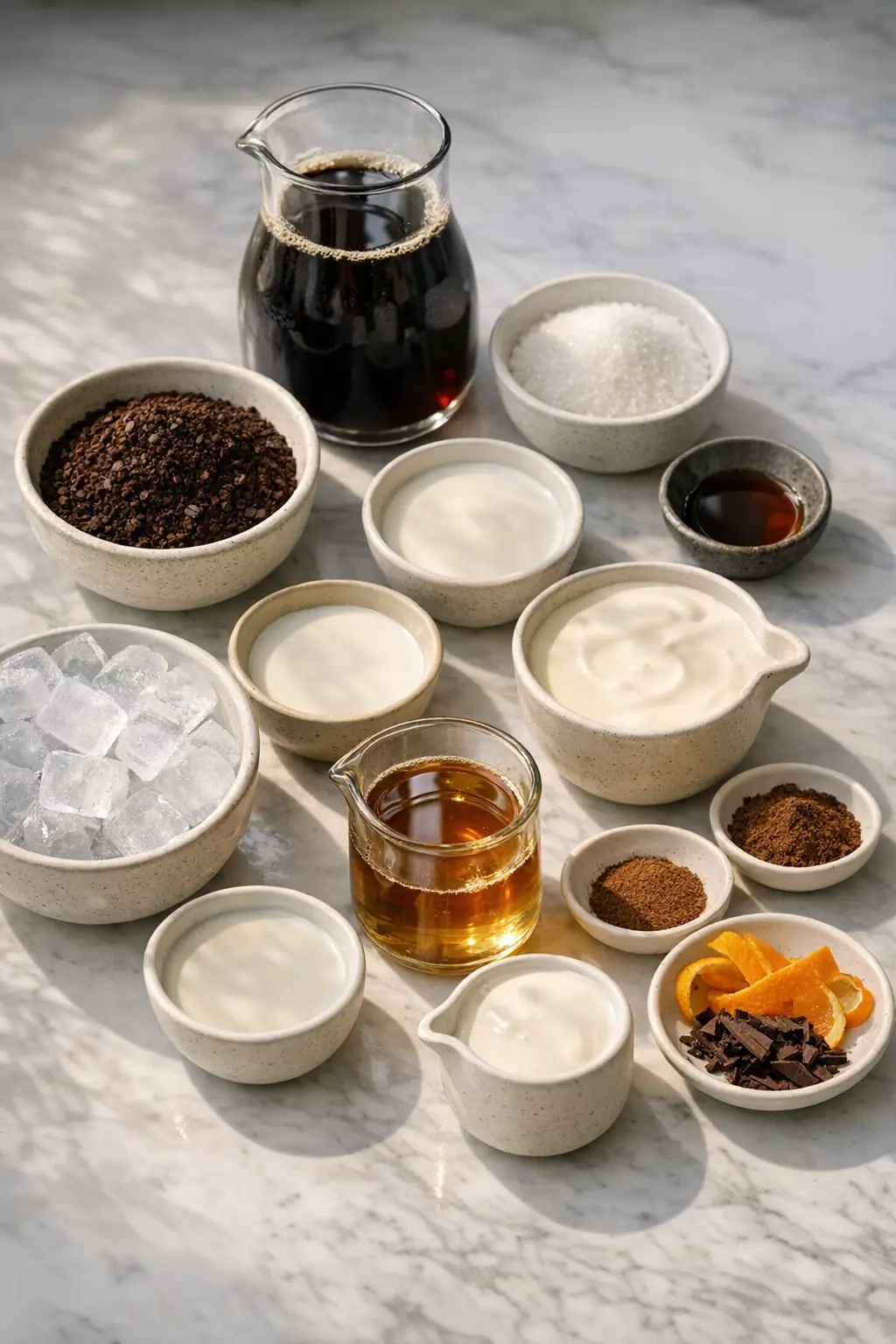 Counter with ingredients for an iced coffee bar: pitcher of cold brew, jar of vanilla syrup, jar of vanilla sweet cream, coffee beans and glasses with ice