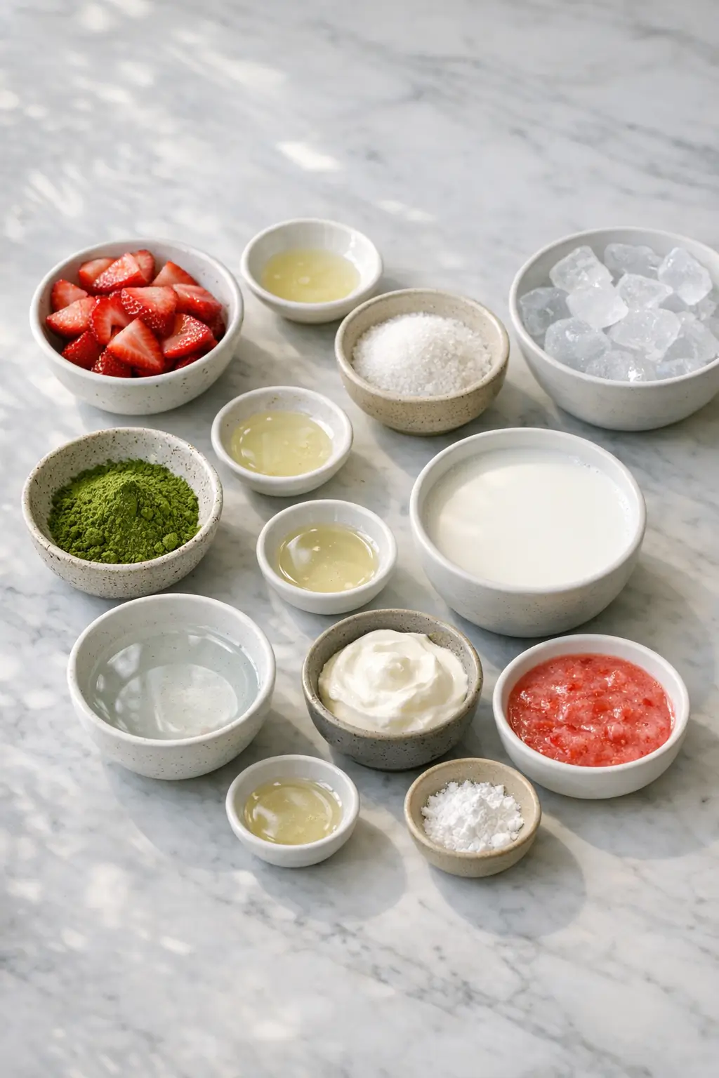 Ingredients for iced matcha latte with sliced strawberries, matcha powder, milk, and measuring spoons ready on a countertop