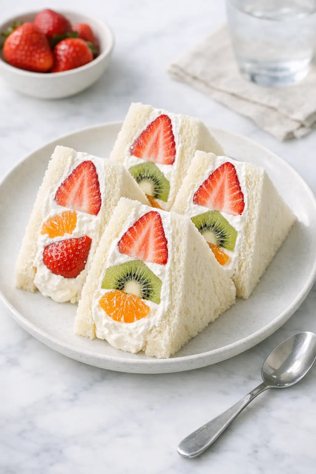 Finished Japanese cream sandwich sliced to show fluffy shokupan, lightly sweetened whipped cream, and layered strawberries, kiwi, and orange