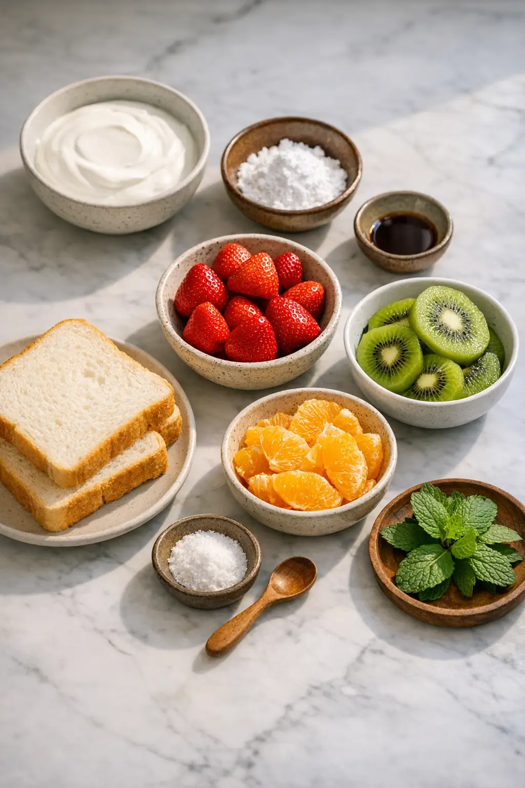 Prep ingredients for Japanese cream sandwiches: chilled whipping cream, powdered sugar, shokupan slices, and prepared strawberries, kiwi, and orange