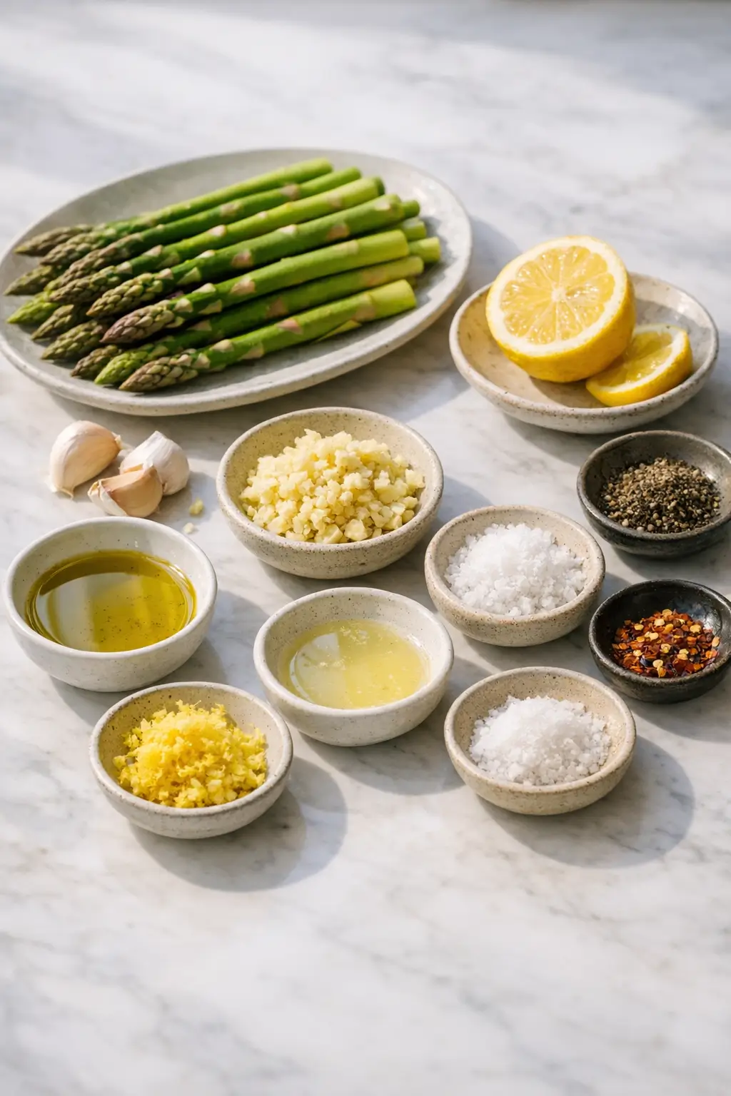 Ingredients for lemon garlic asparagus: trimmed asparagus, garlic, lemon, olive oil and seasonings on a counter