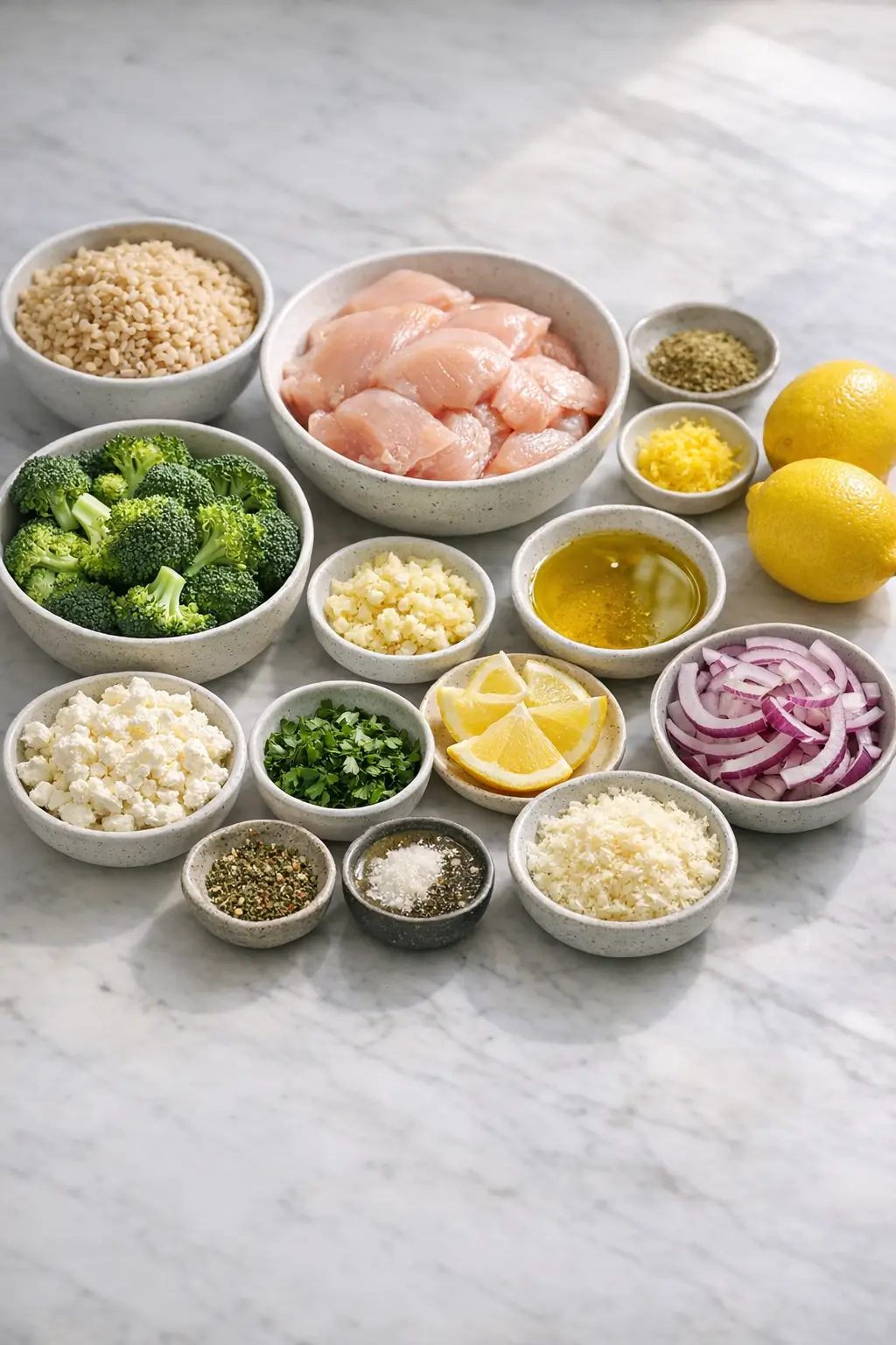 Ingredients for lemon garlic grilled chicken meal prep bowls: raw chicken, lemons, garlic, olive oil, brown rice, and broccoli