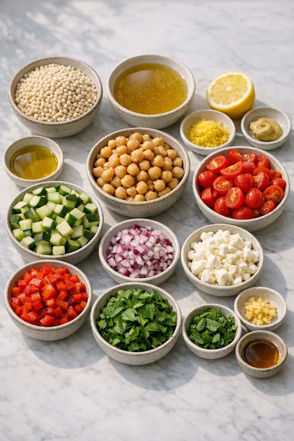 Ingredients for lemon herb couscous salad laid out: pearl couscous, chickpeas, cucumber, cherry tomatoes, herbs, lemon and feta