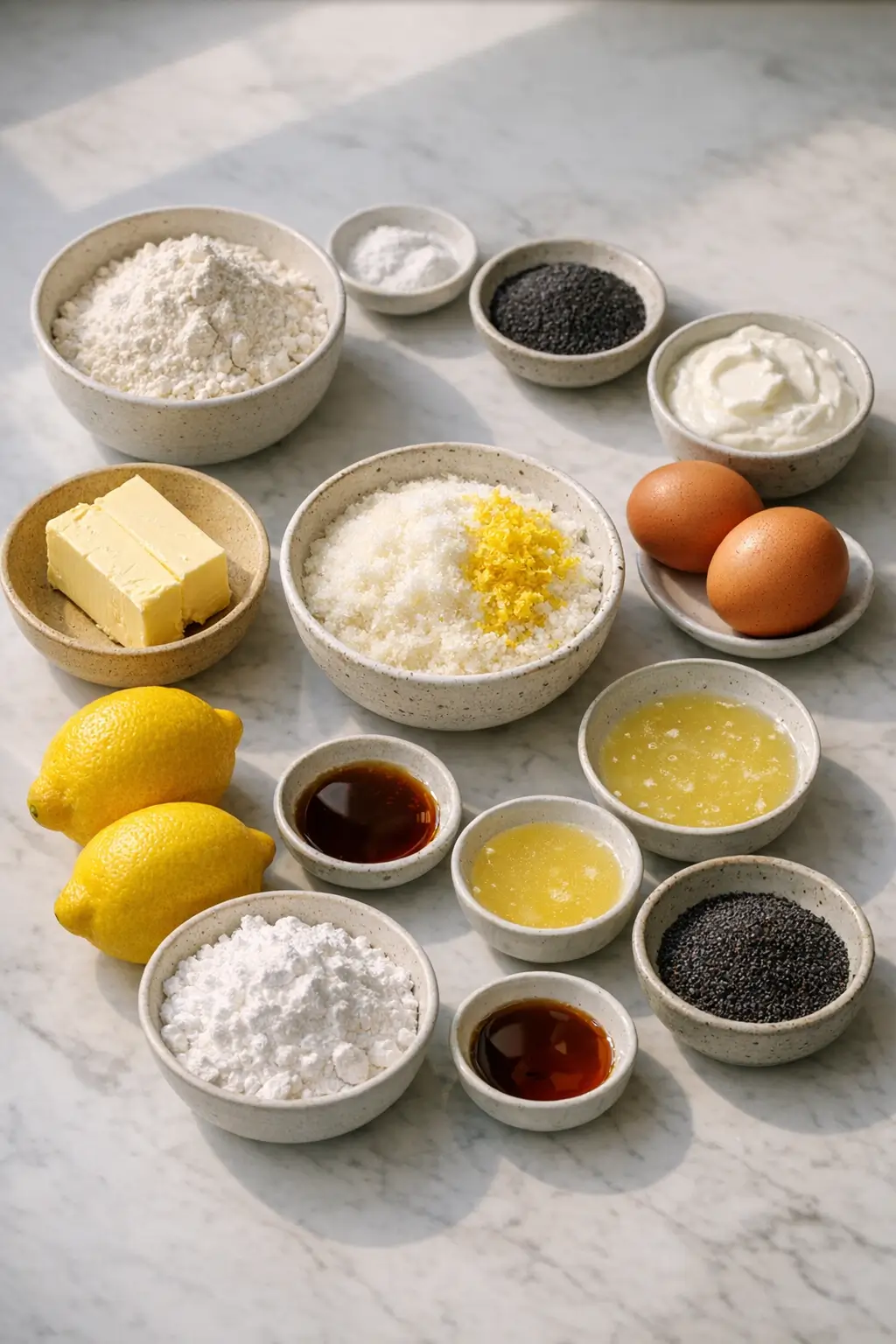 Ingredients for a lemon poppy seed loaf arranged on a countertop: flour, sugar, butter, eggs, lemons, yogurt, and poppy seeds