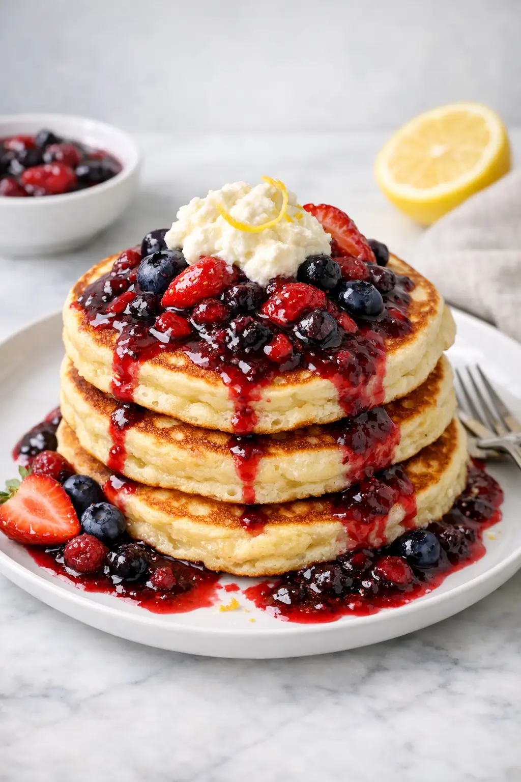 Lemon Ricotta Pancakes with Berry Compote