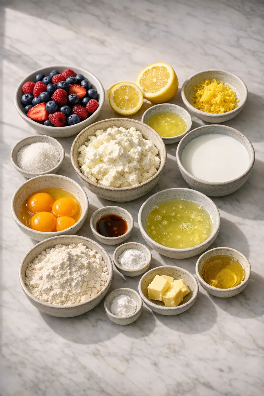 Bowls and jars with measured ingredients for lemon ricotta pancakes including ricotta, eggs, flour, milk, sugar and lemon