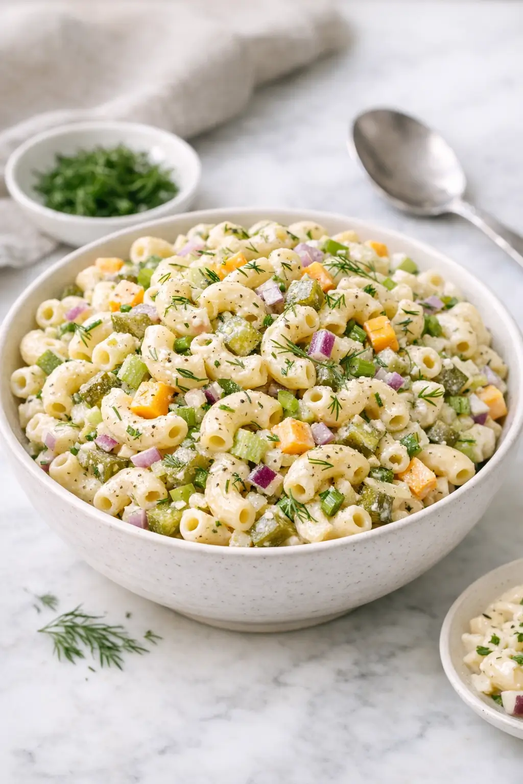 Finished macaroni salad with dill and pickle crunch in a serving bowl, garnished with fresh dill and cracked black pepper