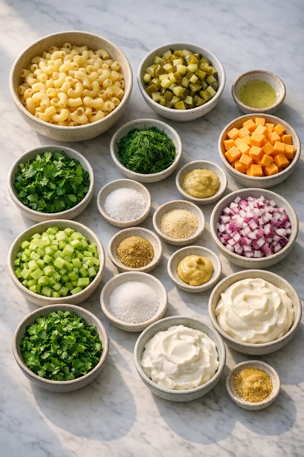 Measured ingredients for macaroni salad arranged in bowls: elbow macaroni, diced dill pickles, celery, red onion, fresh dill, mayonnaise and sour cream
