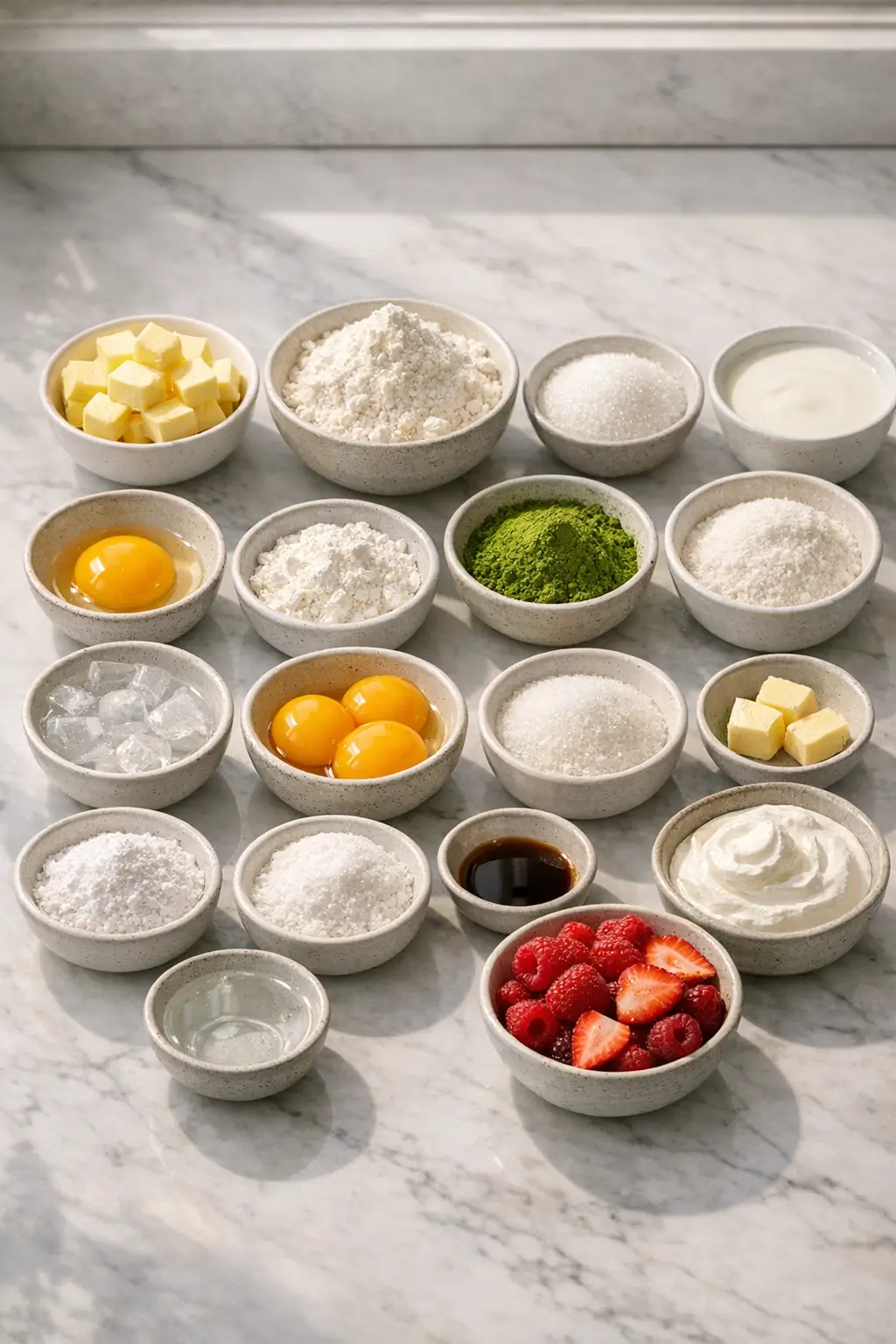 Matcha crème tart ingredients laid out on a counter: flour, butter, powdered sugar, egg yolk, matcha powder, milk and cream