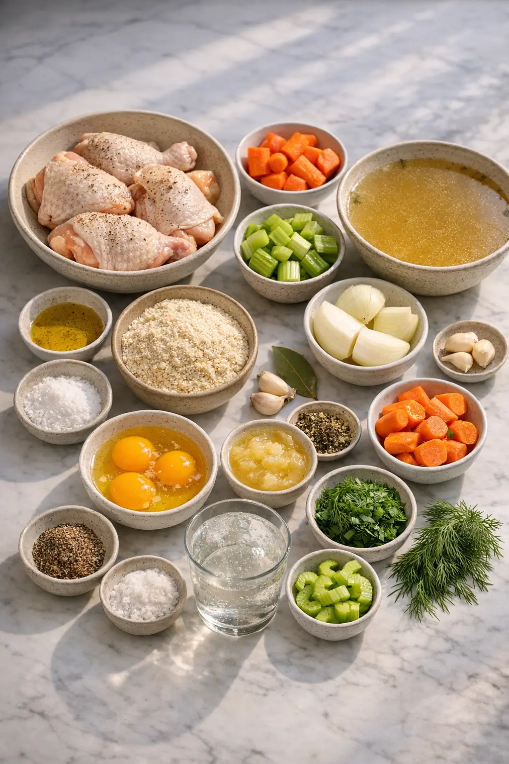 Matzo ball soup ingredients laid out on a counter: roasted chicken pieces, eggs, matzo meal, carrots, celery, onion, and fresh dill
