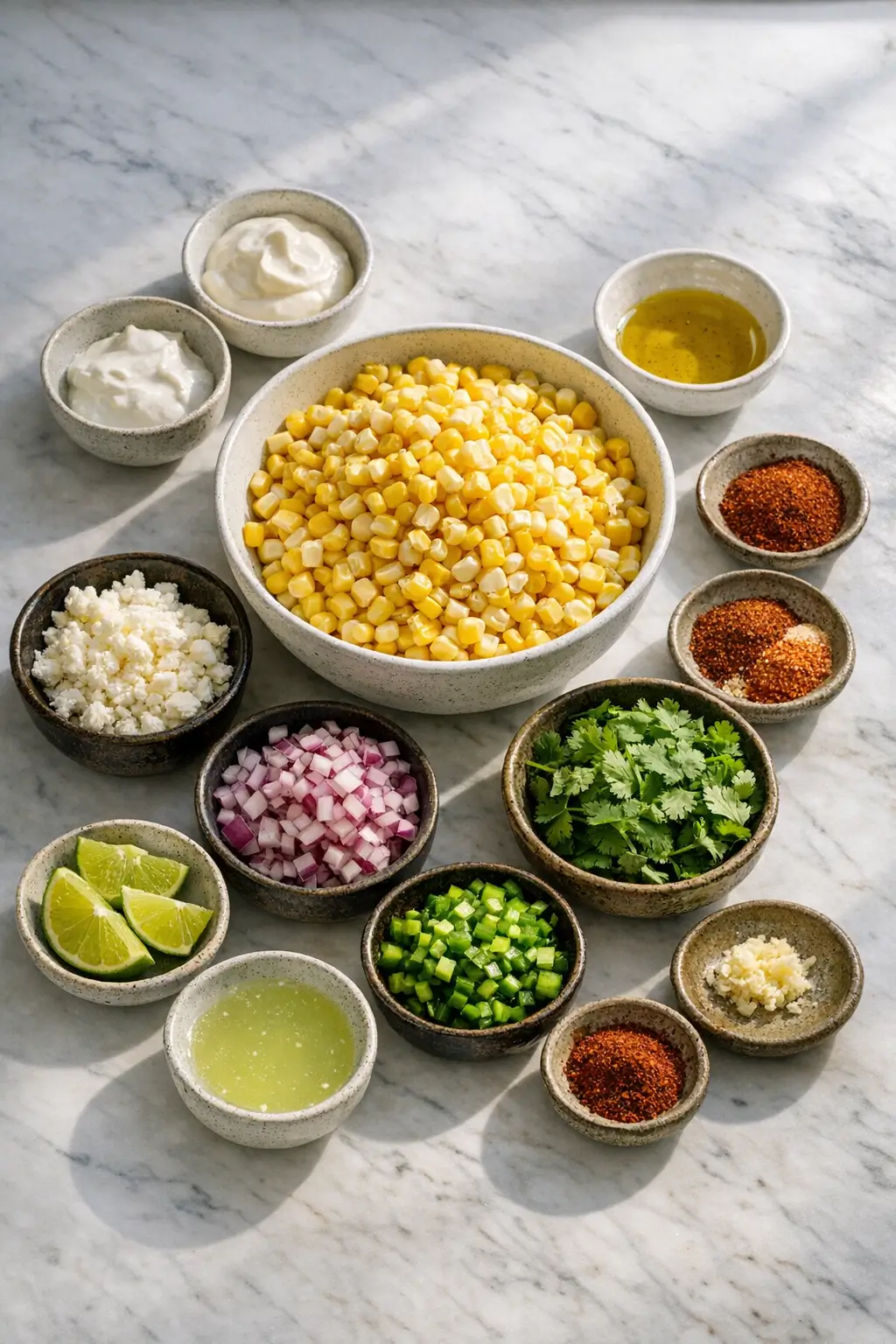 Measured ingredients for Mexican street corn salad: fresh corn kernels, jalapeño, red onion, cotija cheese, cilantro, lime, and dressing components