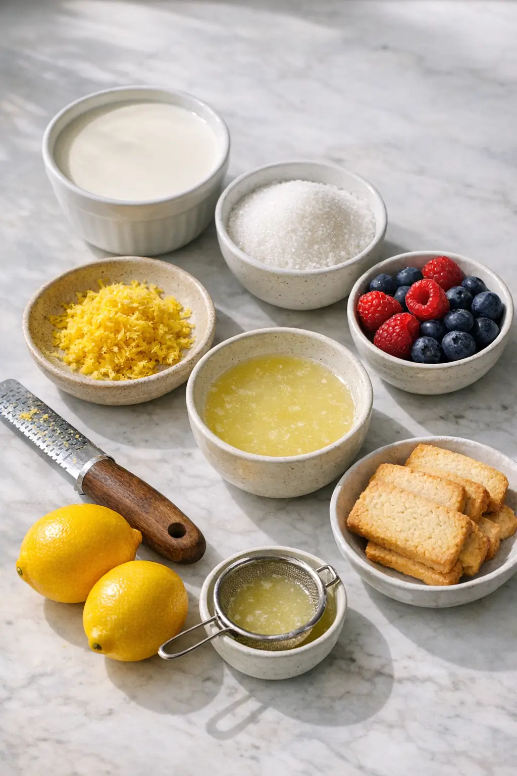 Ingredients for Meyer lemon posset: heavy cream, Meyer lemons, sugar, zest, and salt on a kitchen counter