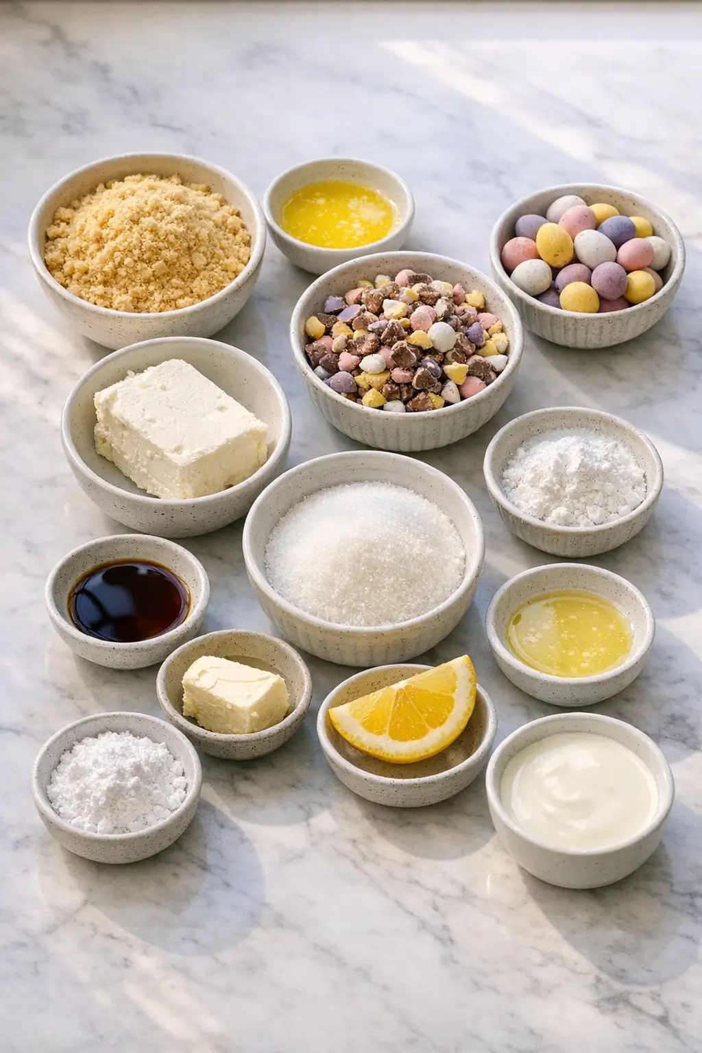 Ingredients for mini egg cheesecake bites: crushed vanilla cookies, butter, cream cheese, heavy cream, sugar, and Cadbury Mini Eggs on a kitchen surface