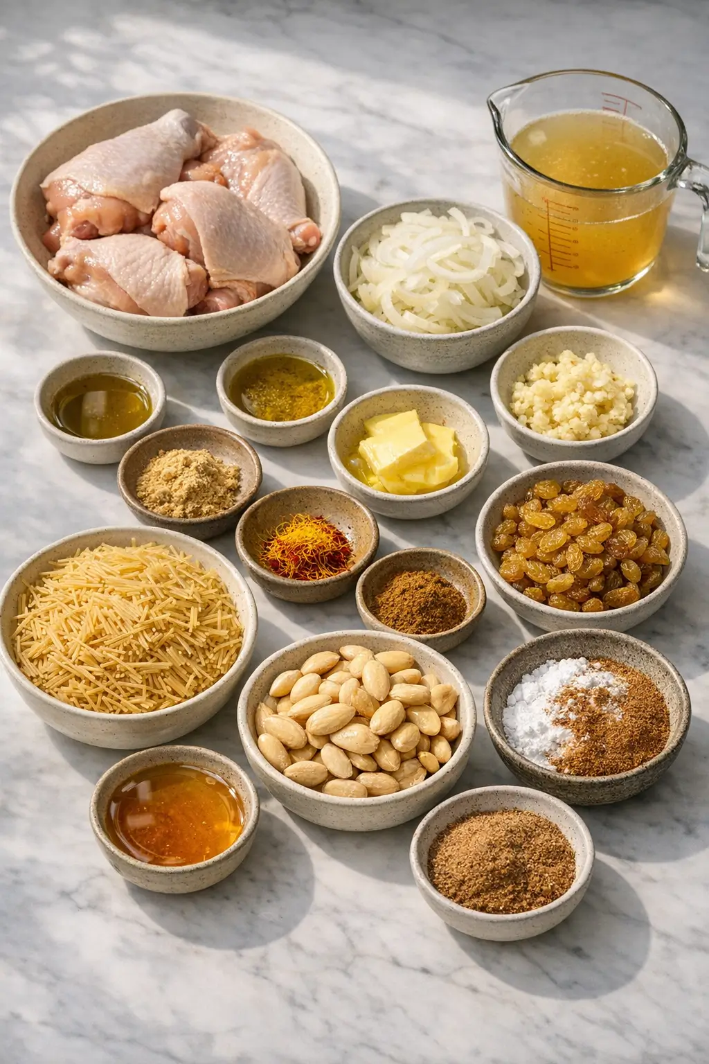 Ingredients for Moroccan seffa medfouna laid out: bone-in chicken, sliced onions, vermicelli, almonds, raisins, and spices