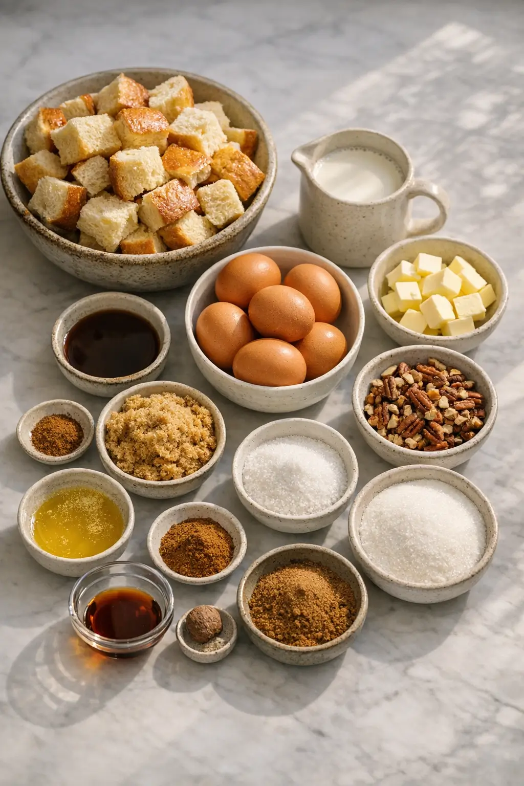 Ingredients for Mother's Day French toast casserole: cubed brioche, eggs, milk, cream, sugars, spices, and butter on a kitchen counter