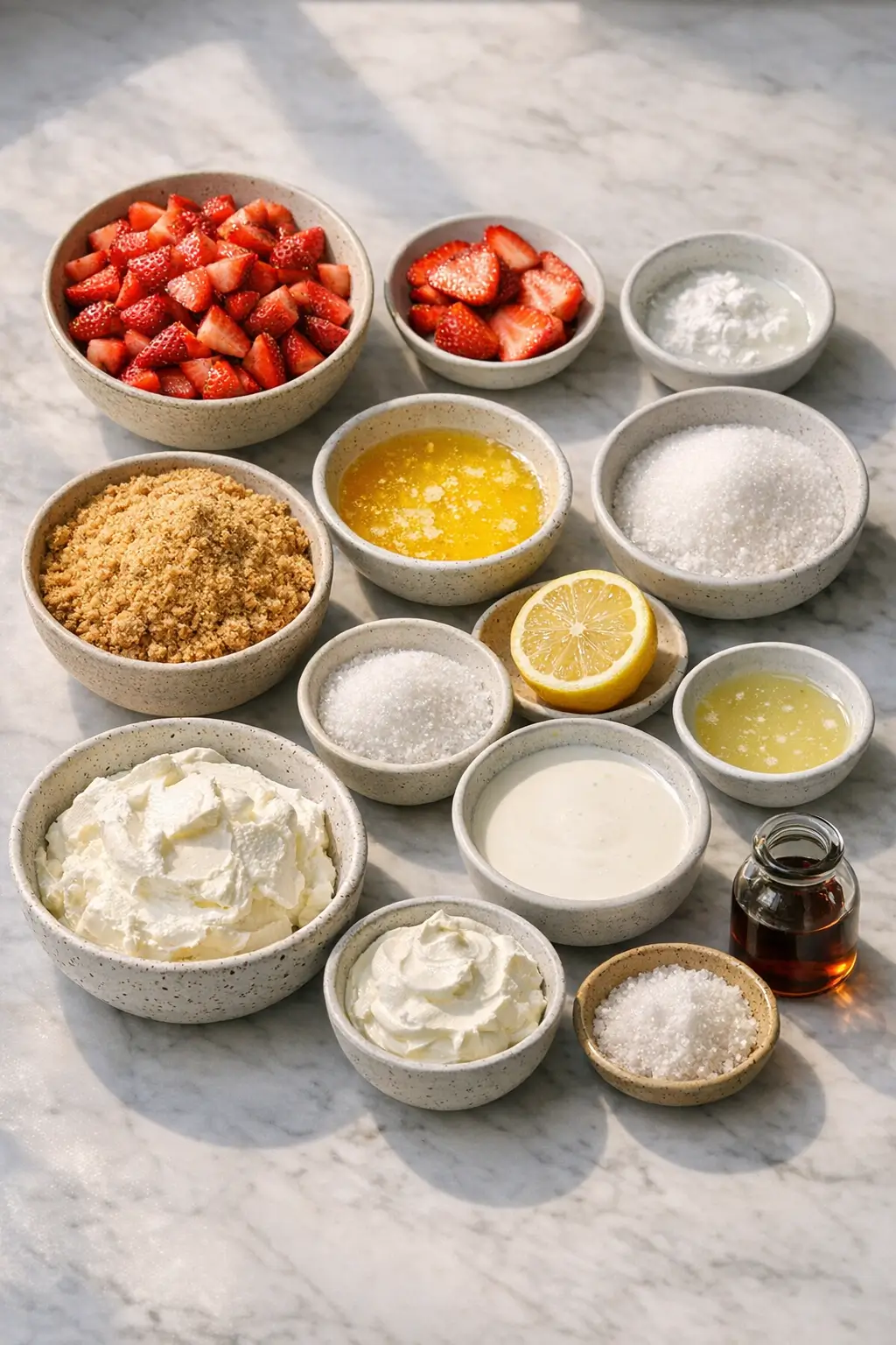 Ingredients for no-bake strawberry cheesecake jars: cream cheese, strawberries, graham crumbs, sugar and butter laid out