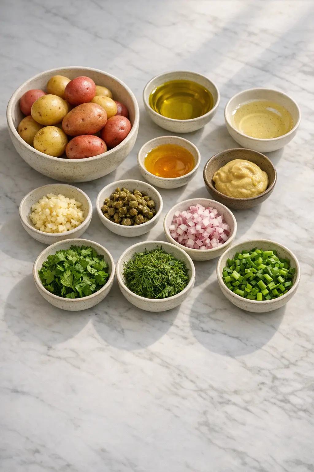 Ingredients for no-mayo potato salad: waxy potatoes, Dijon mustard, olive oil, fresh herbs, shallot and capers