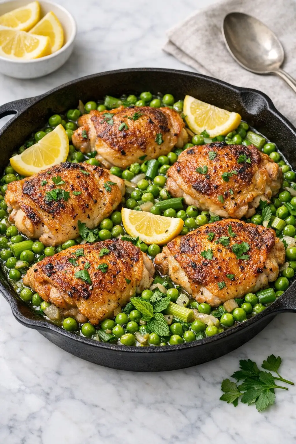 One Pan Spring Chicken Thighs With Peas