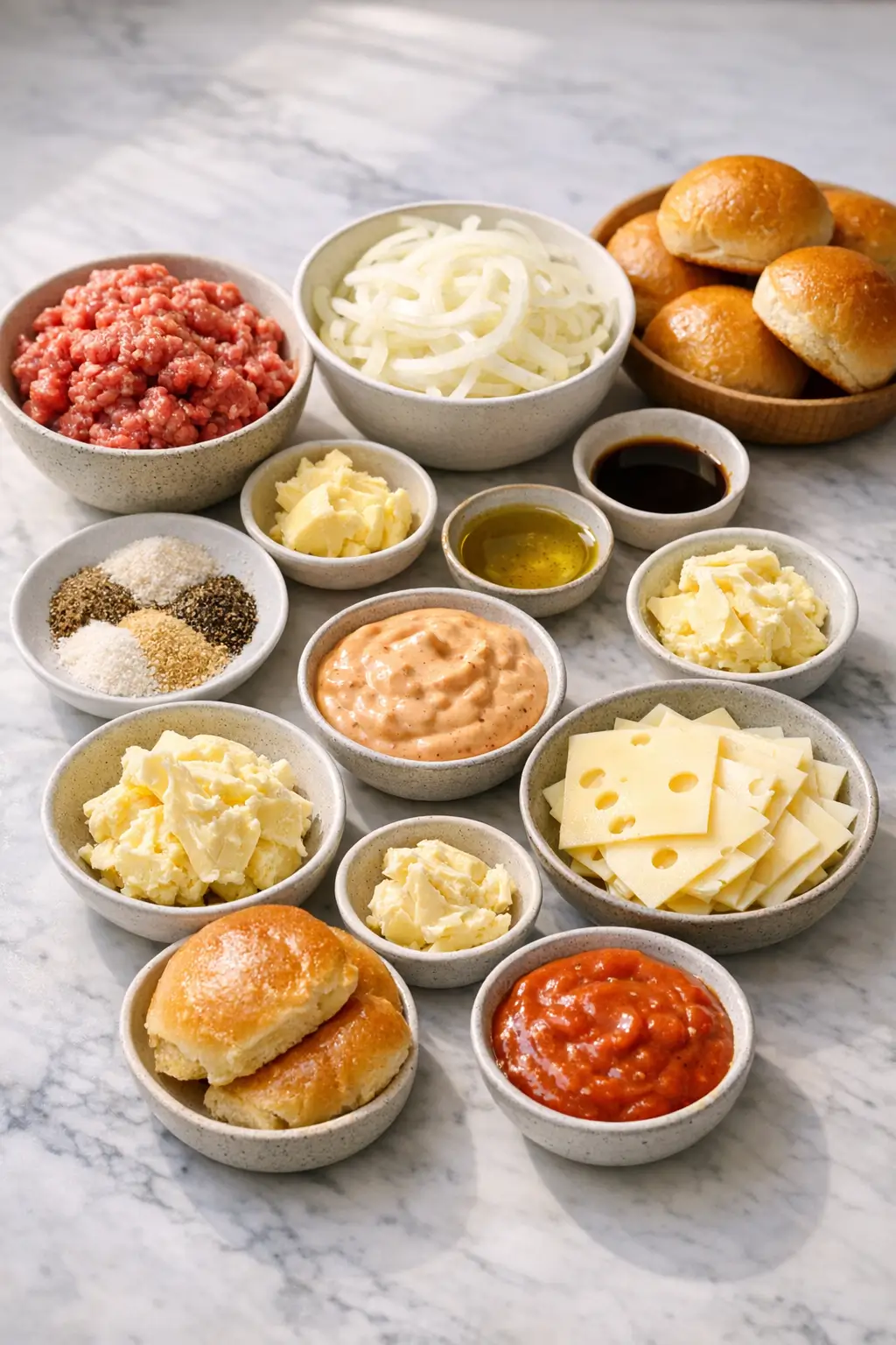 Prep ingredients for patty melt sliders: ground beef, sliced onions, Swiss cheese, slider buns and butter