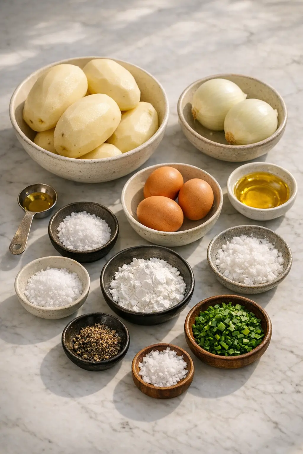 Bowl with grated potatoes and onions, eggs and potato starch ready for making potato kugel