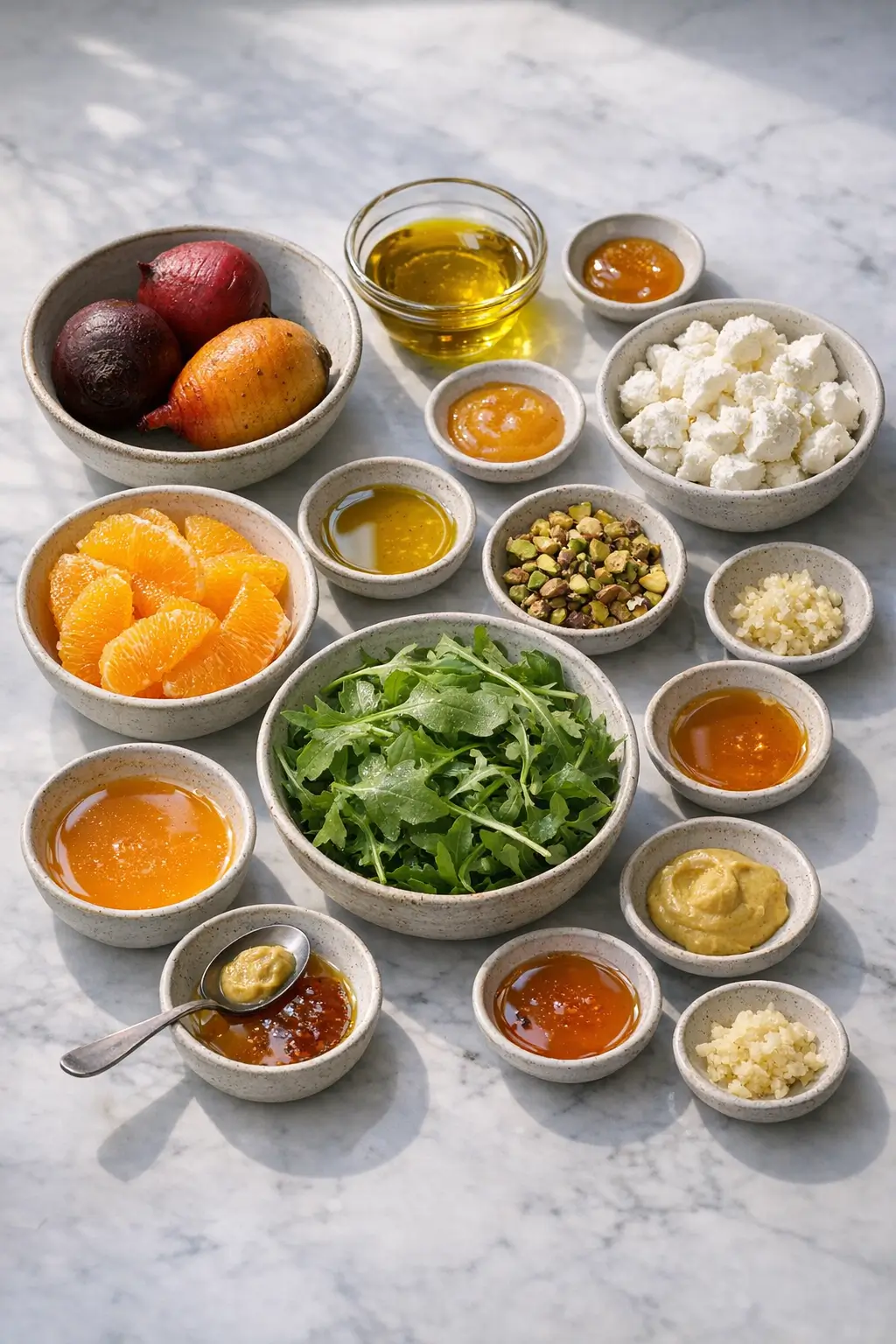 Ingredients for roasted beet salad on a cutting board: beets, oranges, arugula, goat cheese, and pistachios