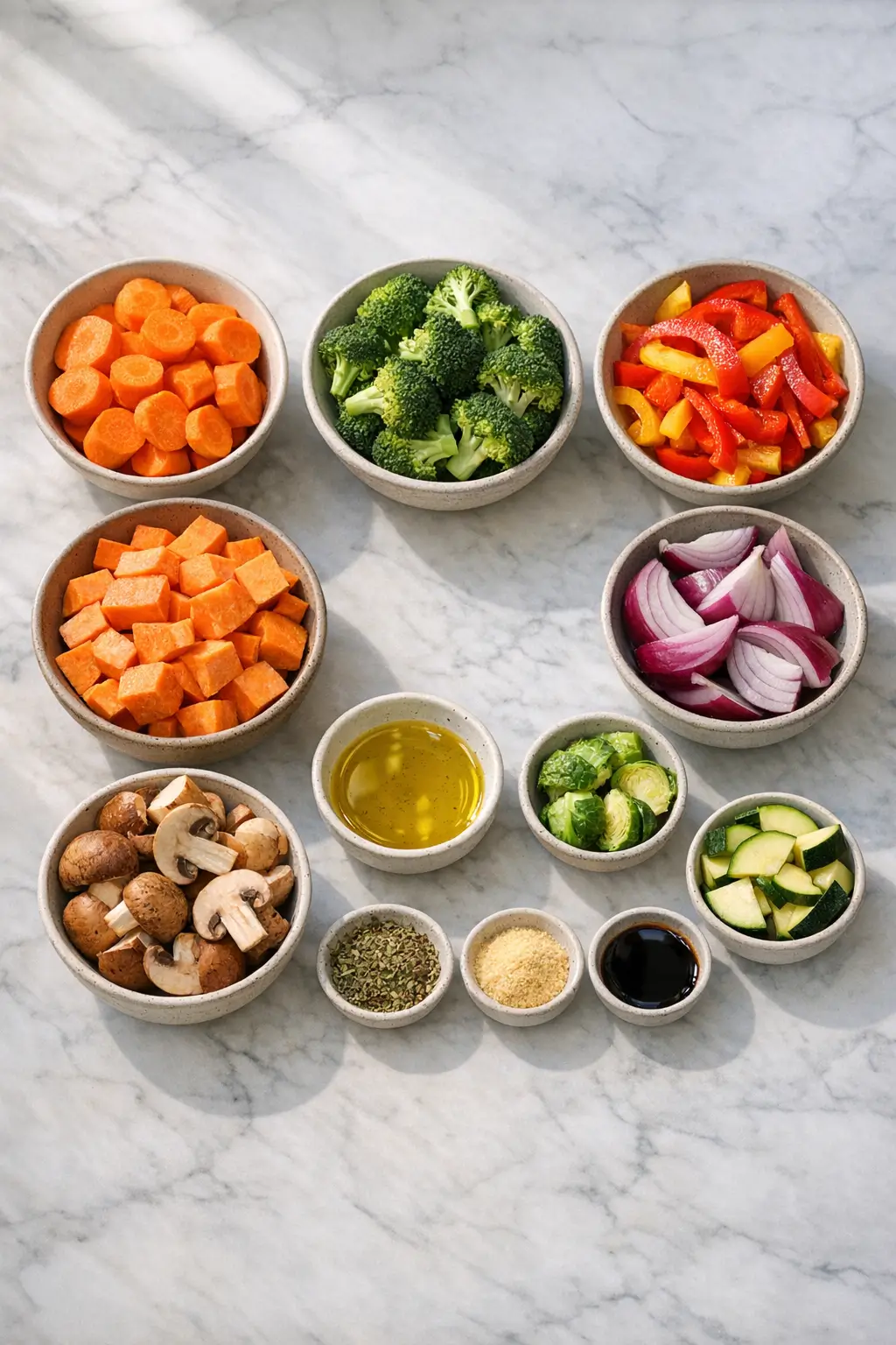 Chopped carrots, sweet potato cubes, broccoli florets, bell pepper strips, and red onion in a mixing bowl ready for sheet-pan roasting