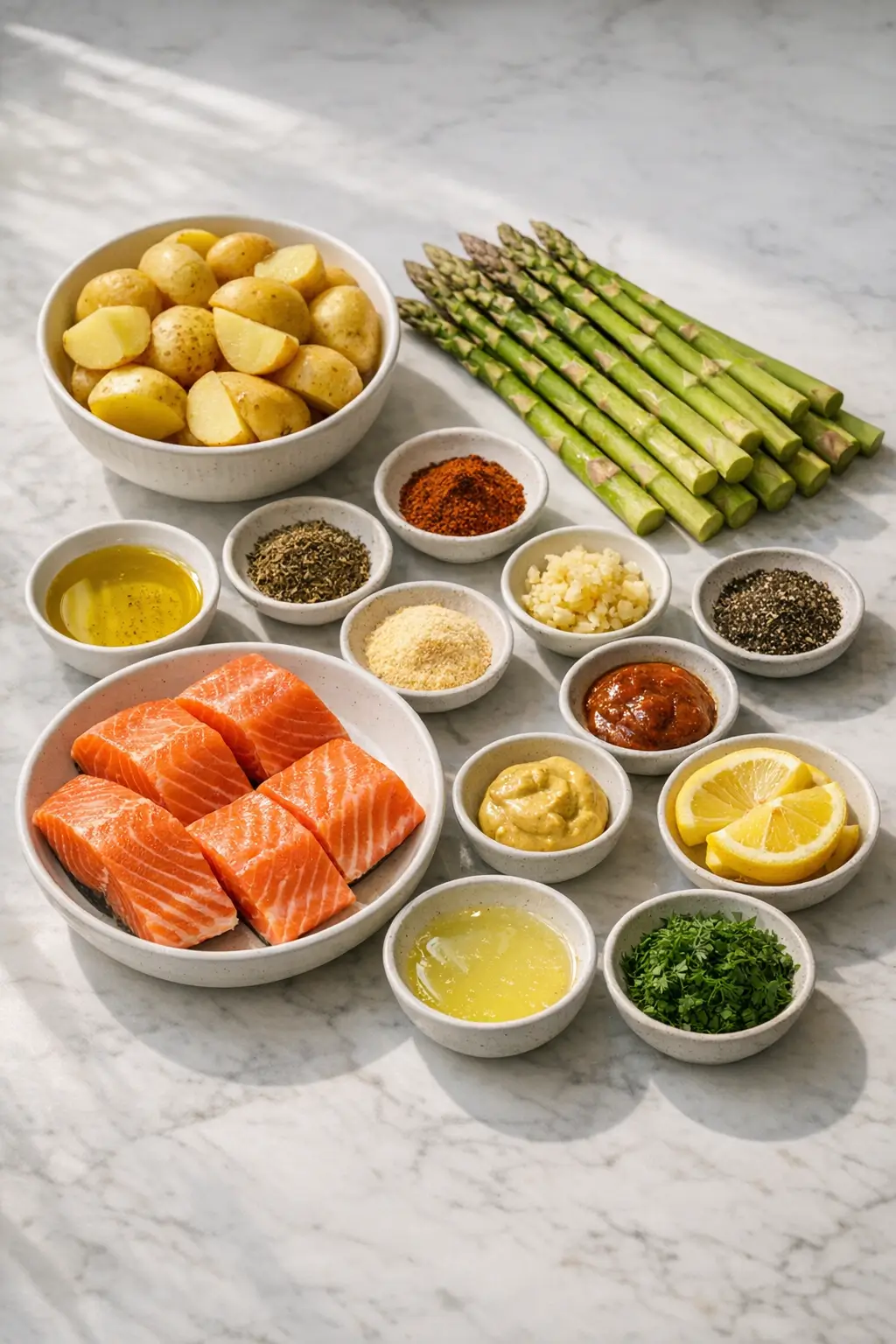 Fresh ingredients for sheet pan salmon: halved baby potatoes, asparagus, lemons, garlic, herbs and a bowl with salmon marinade ingredients