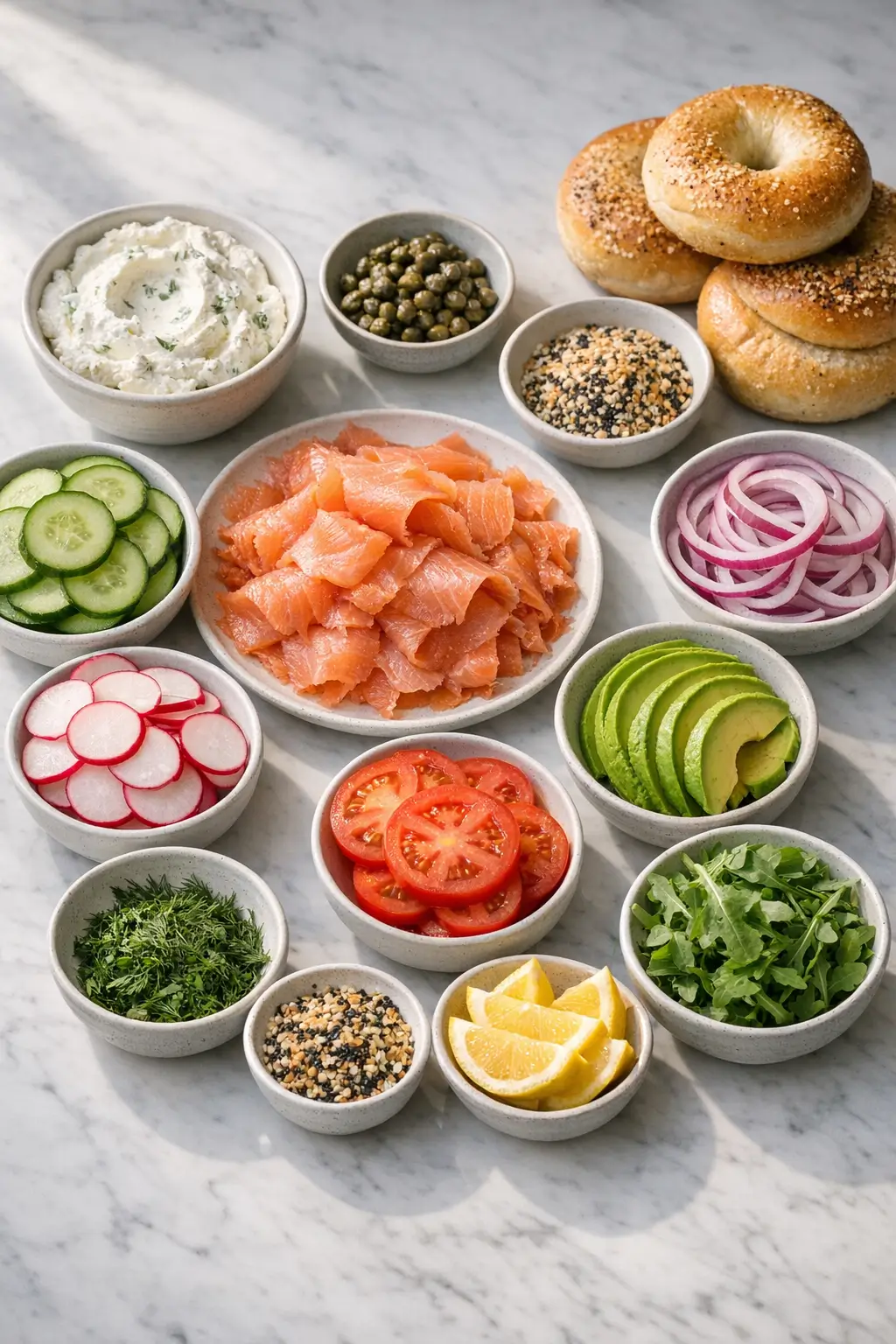 Ingredients for a smoked salmon bagel board: bagels, smoked salmon, cream cheese, dill, capers, red onion, cucumber, radishes, tomatoes, avocado and lemon wedges