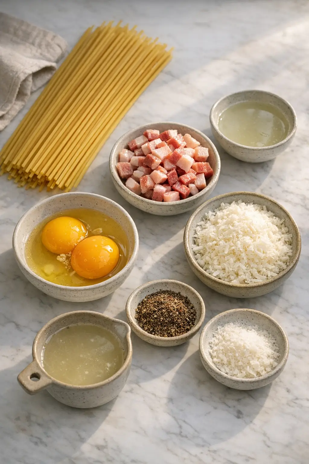 Ingredients for spaghetti carbonara on a kitchen counter: guanciale, eggs, grated Pecorino Romano, dried spaghetti and black pepper