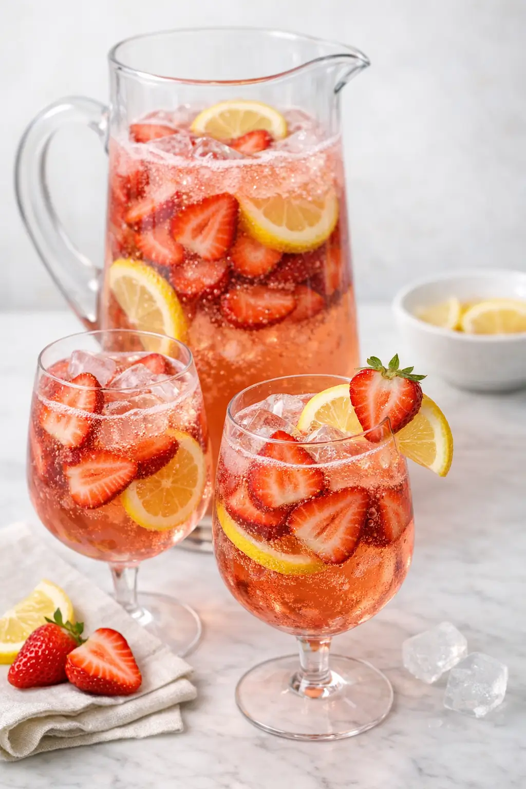 Pitcher of sparkling rosé sangria with sliced strawberries and lemon floating, poured into ice-filled glasses
