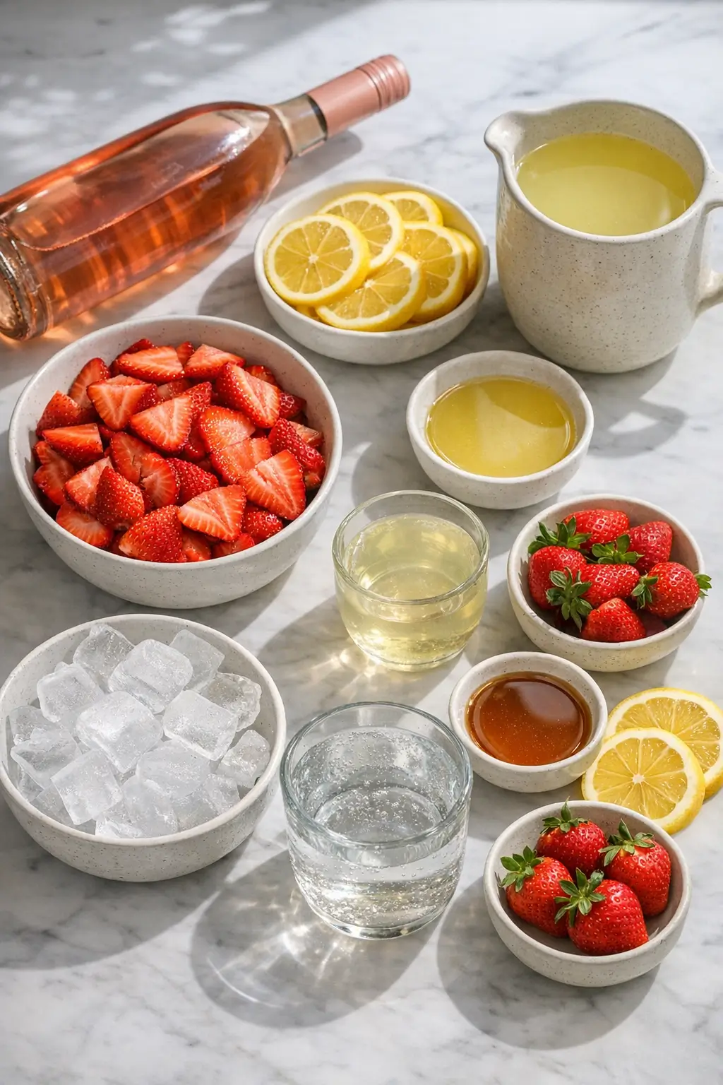 Sliced strawberries and lemon rounds with a chilled bottle of rosé and lemonade arranged as sangria ingredients