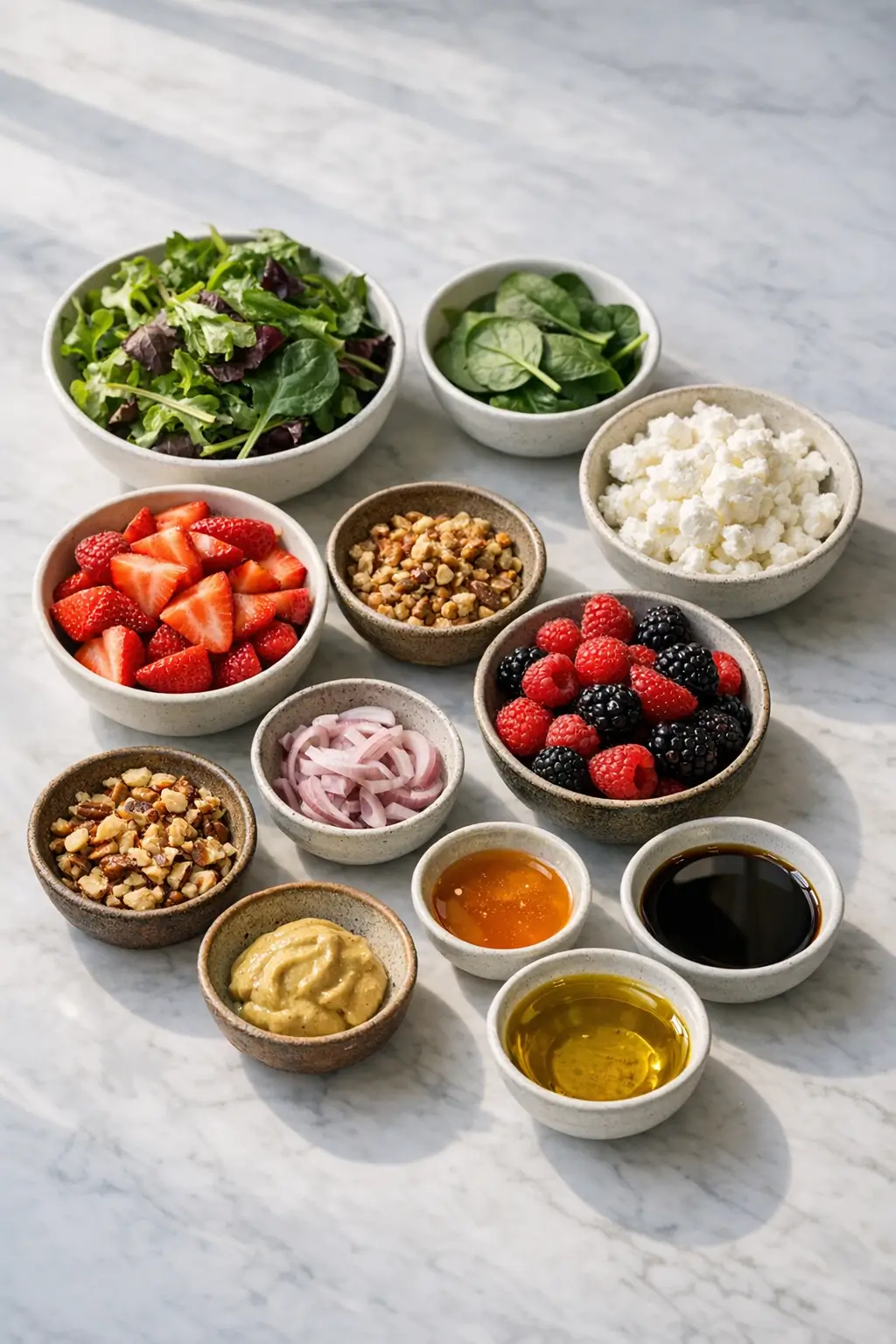 Ingredients for spring greens salad with goat cheese and berries arranged on a prep surface: mixed greens, strawberries, raspberries, crumbled chèvre, toasted nuts, and shallot