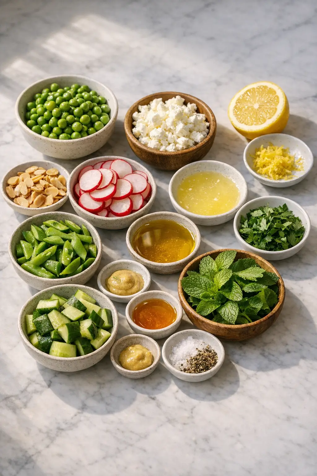 Ingredients for spring pea and mint salad laid out: shelled peas, sugar snap peas, radishes, cucumber, fresh mint, crumbled feta, lemon, and toasted nuts
