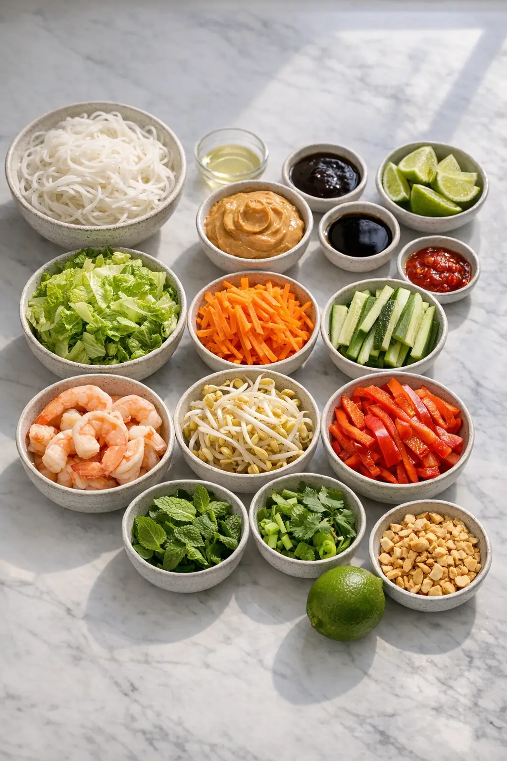 Ingredients for spring roll bowl with peanut sauce: rice noodles, vegetables, herbs, shrimp or tofu, and roasted peanuts arranged for meal prep