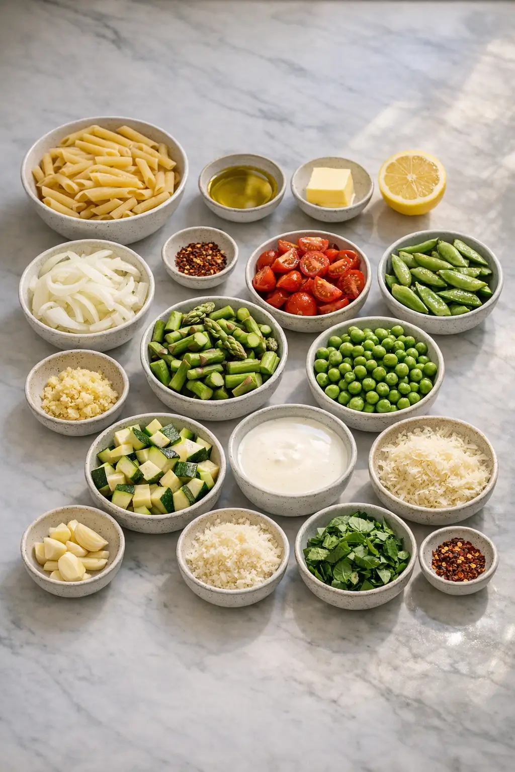 Ingredients for spring vegetable pasta primavera on a cutting board: asparagus, peas, zucchini, cherry tomatoes, garlic, Parmesan and measured pasta