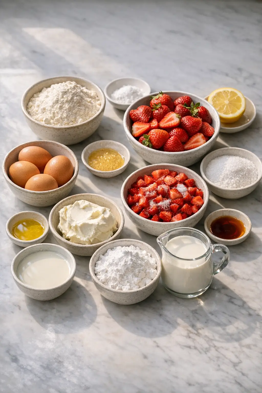 Measured ingredients and hulled fresh strawberries for strawberry shortcake layer cake