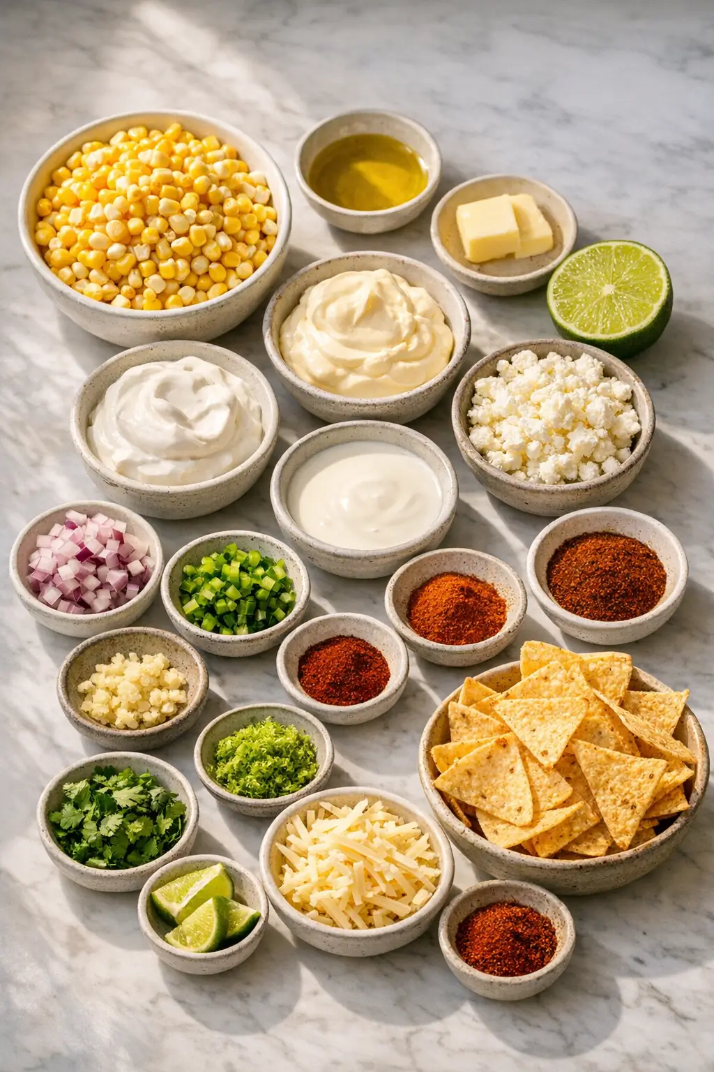 Ingredients for street corn elote dip on a counter: corn kernels, cotija cheese, lime, jalapeño, mayonnaise, sour cream, and spices