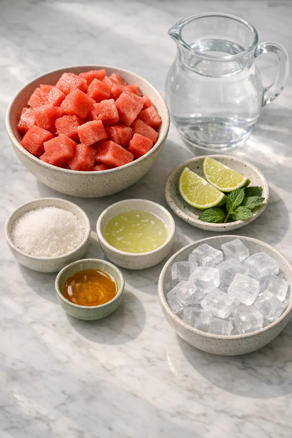 Cubed seedless watermelon, lime halves, sugar and cold water ready for making watermelon agua fresca