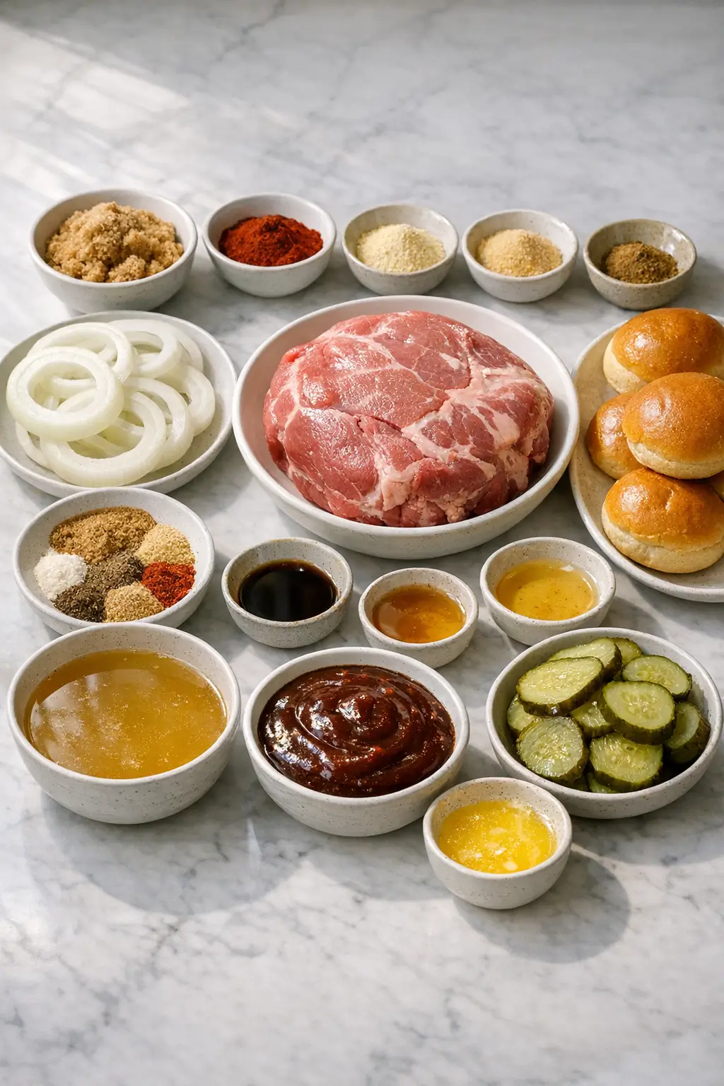 Ingredients laid out for pulled pork sliders: pork shoulder, spices, onion, chicken stock, barbecue sauce, and slider buns