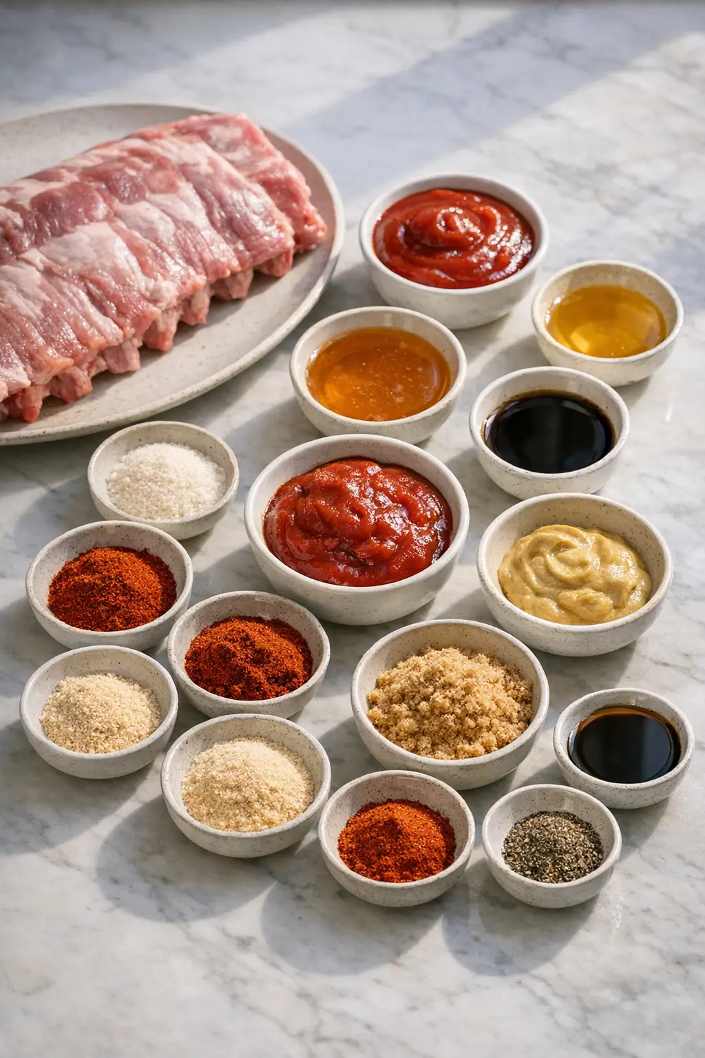 Raw pork ribs with oil and dry rub ingredients arranged on a cutting board ready for oven-baked BBQ ribs