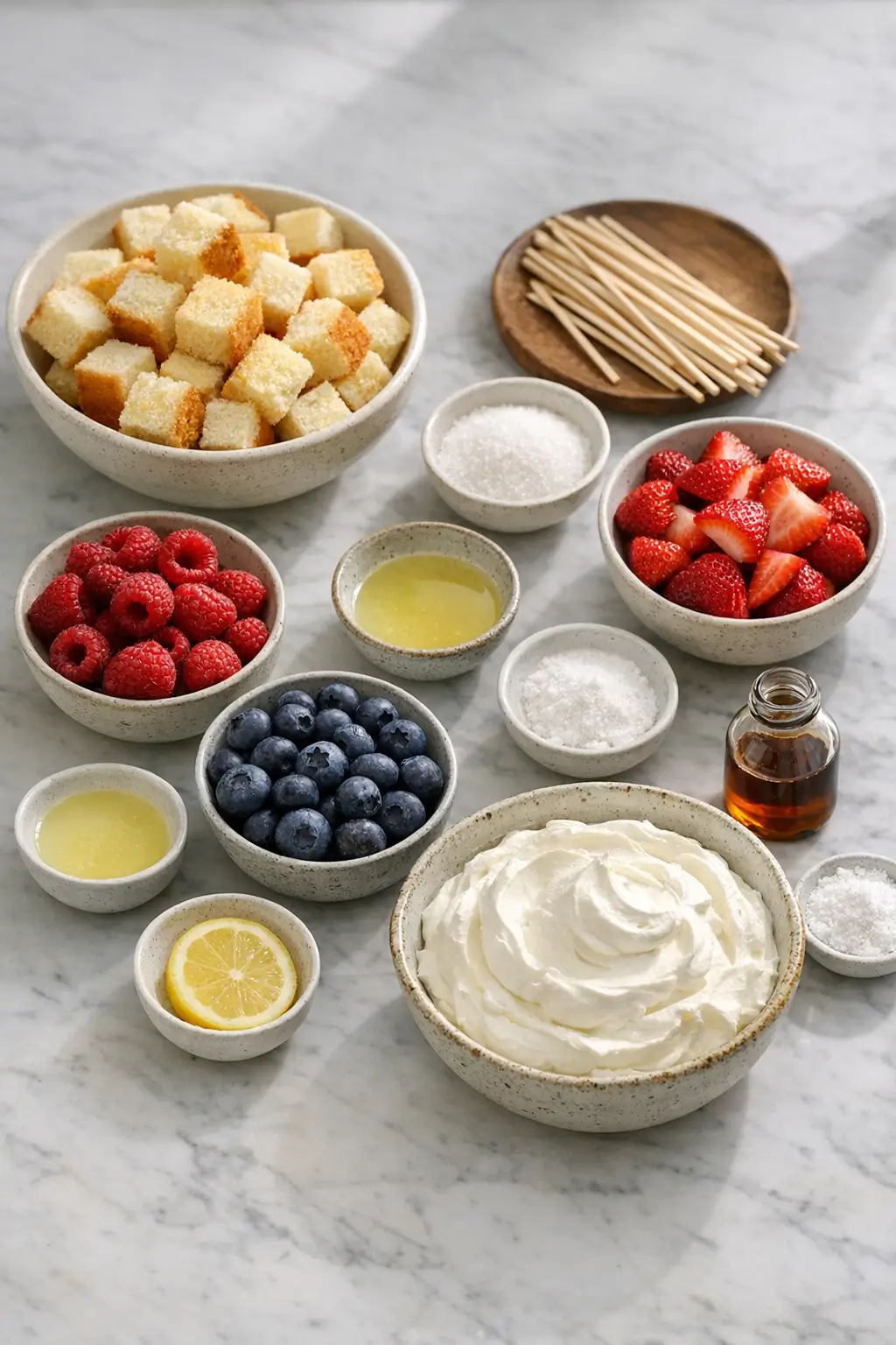 Ingredients for berry shortcake skewers: cubed cake, strawberries, blueberries, raspberries, and chilled whipped cream