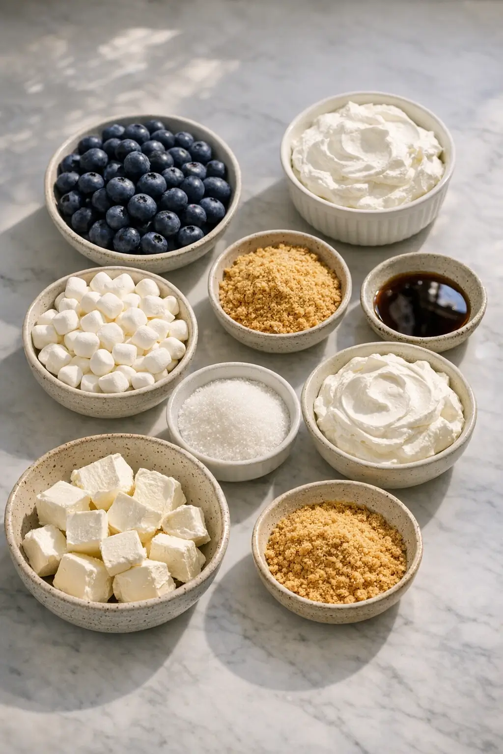 Ingredients for blueberry cheesecake salad on a counter: softened cream cheese, sugar, sour cream, whipped topping, blueberries, mini marshmallows, and graham cracker crumbs