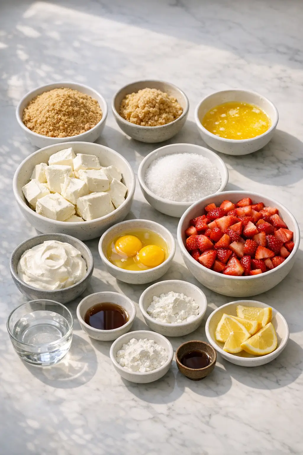 Ingredients for cheesecake bars: graham cracker crumbs, cream cheese, eggs, sour cream, and chopped strawberries