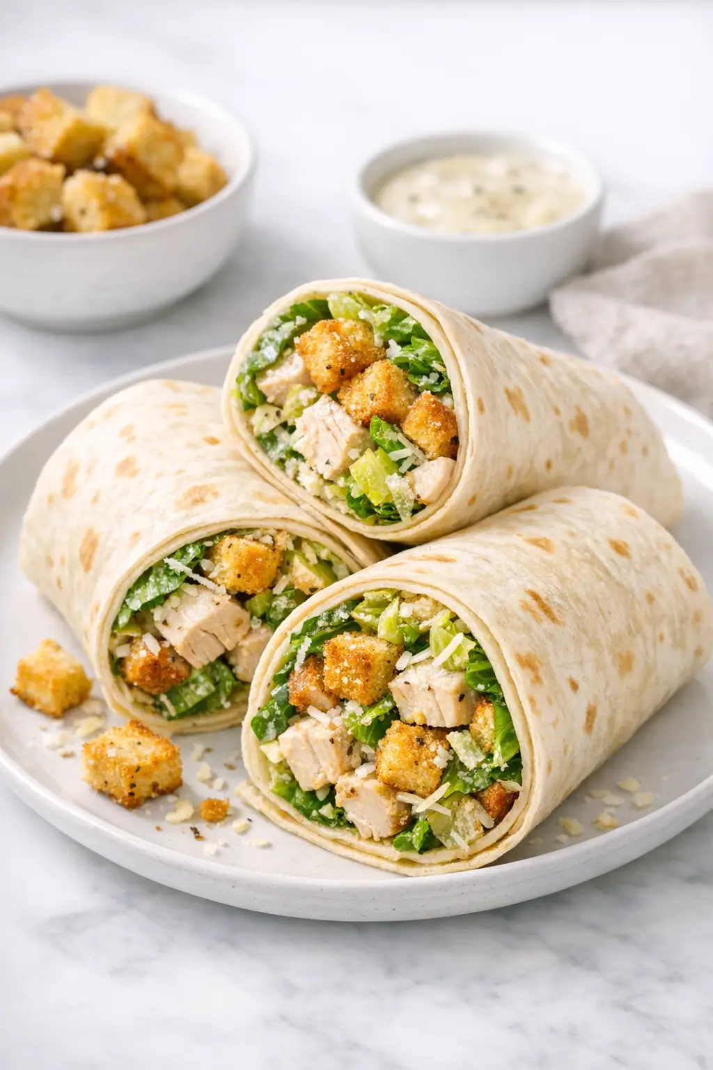 Chicken Caesar Wraps with Crunchy Croutons