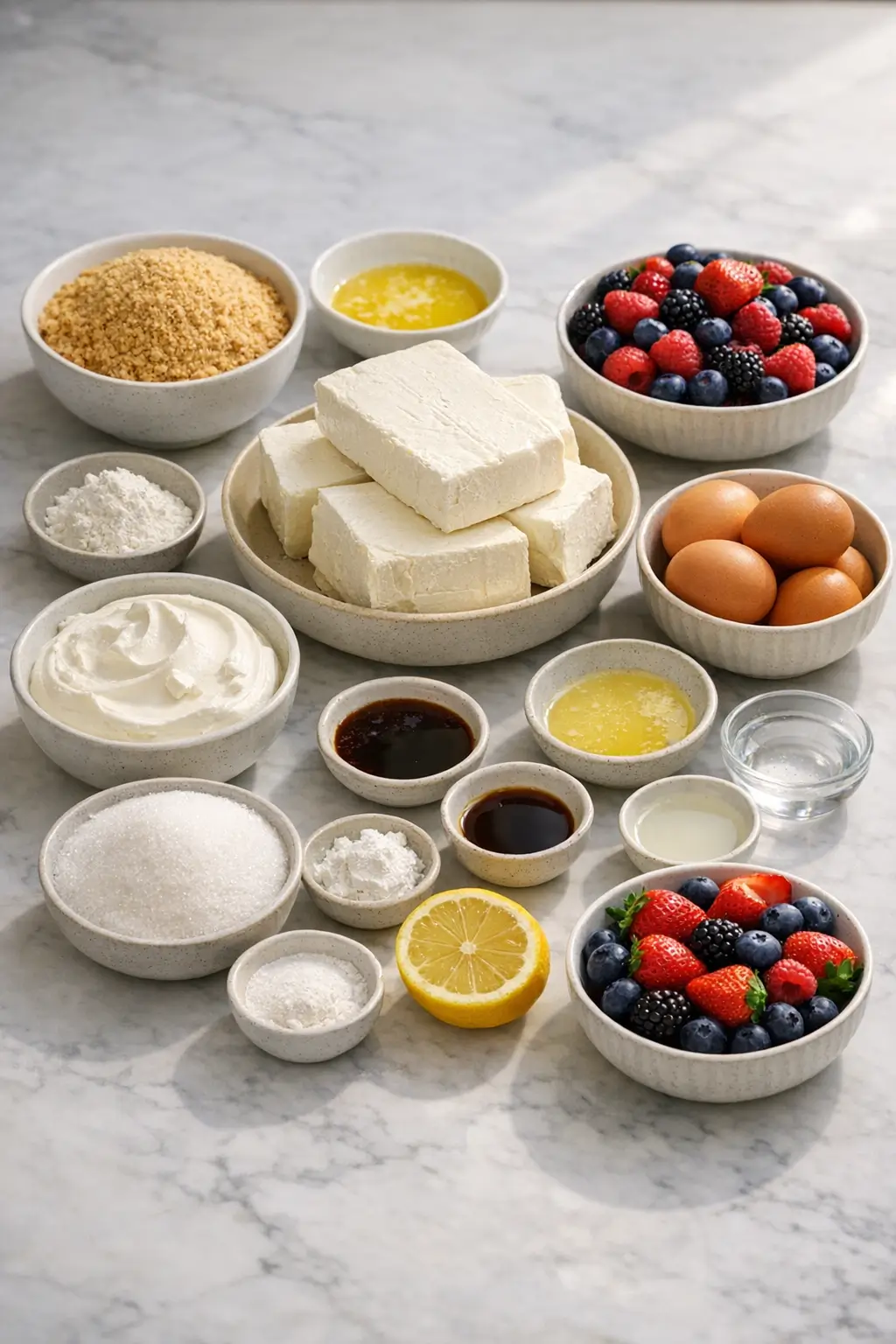 Ingredients for classic cheesecake: graham cracker crumbs, cream cheese blocks, eggs, sour cream, sugar, and mixed berries laid out on a countertop